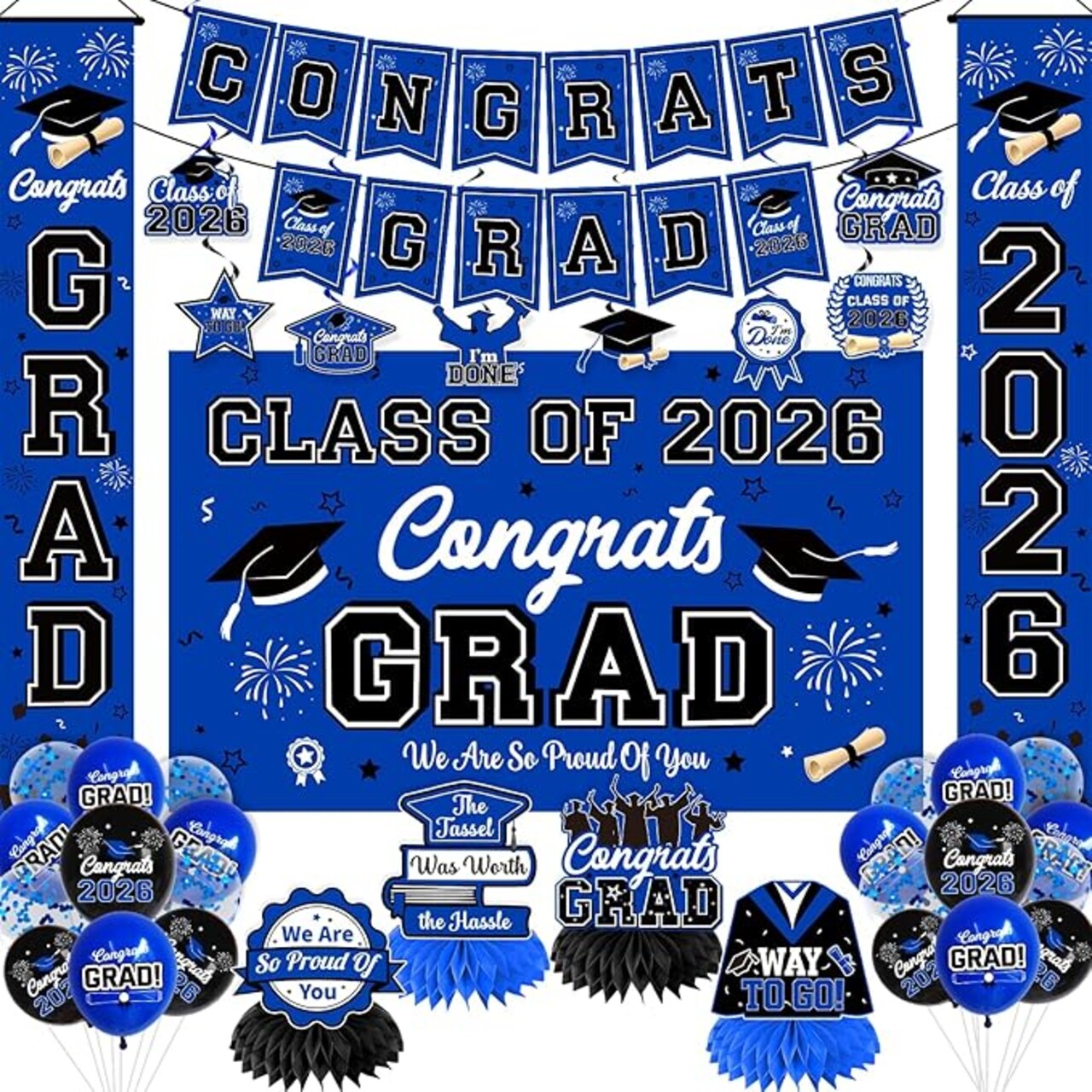Class of 2026 Graduation Decorations Set - Blue & White Congrats Grad Party Kit - Includes Large Fabric Backdrop, Banner, & Premium Balloon Set - All-in-One 2026 Celebration Supplies